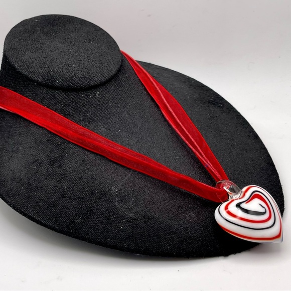 Vintage Patriotic Red White Blue Murano Glass Heart Pendant Necklace - Picture 4 of 16